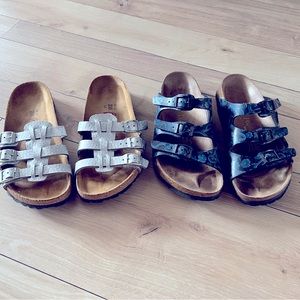 2 Pair of Birkenstock Sandals Silver Pair Size 36 Blue Size 37